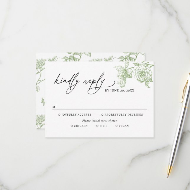 Classic Victorian Green Meal Options Wedding RSVP (Devant/Arrière en situation)