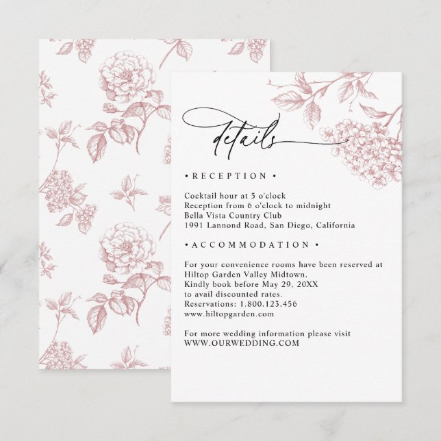 Classic Victorian Pink Floral Wedding Details Begleitkarte (Vorne/Hinten)