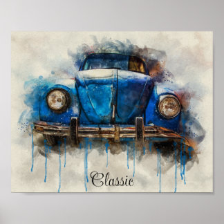 Classic vieil affiche de voiture bleue