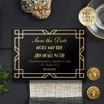 Classic Vintag Art Deco Schwarzes Gold Save the Da Folieneinladung<br><div class="desc">Mit unserer individuell anpassbaren, klassischen Art Déco Save the Date Card erfassen Sie das Wesentliche zeitloser Eleganz. Diese Karte ist perfekt gestaltet und verfügt über einen echten Rahmen und Elemente aus Goldfolie, die Ihre Ankündigung auf ein neues Niveau an Eleganz erhöhen. Unser Online-Anpassungstool sorgt dafür, dass die Personalisierung Ihrer Karten...</div>