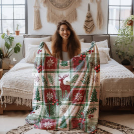 Classic Vintage Christmas Plaid & Holly Pattern Fleecedecke