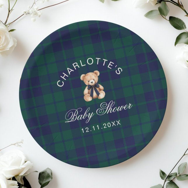 Classic Vintage Teddy bear Plaid Baby Shower Pappteller (Von Creator hochgeladen)