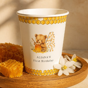 Classic Watercolor Bear Honey Fünfter Geburtstag Pappbecher
