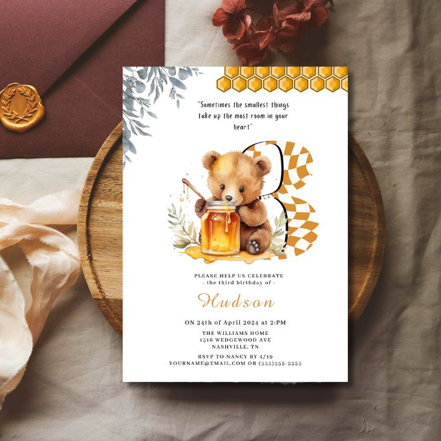 Classic Watercolor Bear Honey zum dritten Geburtst Einladung (Von Creator hochgeladen)
