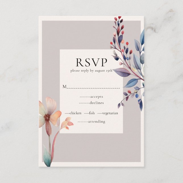 Classic Watercolor Blue Blätter RSVP Card Begleitkarte (Vorderseite)