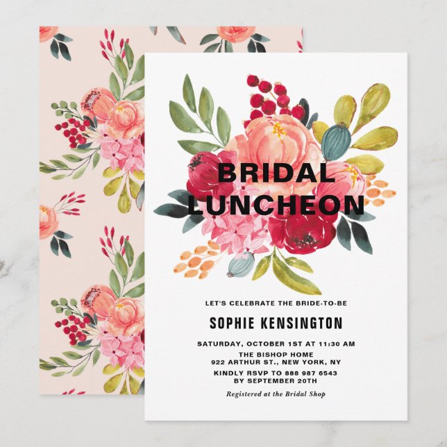 Classic Watercolor Blume Fall Bridal Luncheon Einladung (Vorne/Hinten)