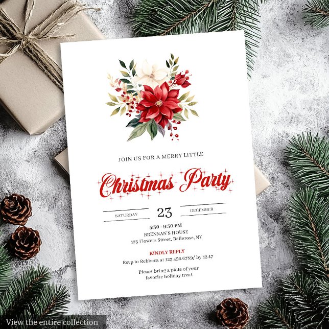 Classic Watercolor Christmas Flowers Printable  Einladung (Classic Watercolor Christmas Flowers Printable Invitation)