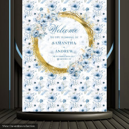 Classic Watercolor Dusty Blue Gold Wedding Banner Wandteppich