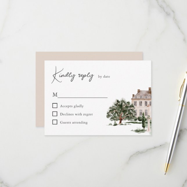 Classic Watercolor English Manor House Wedding RSVP Karte (Vorderseite/Rückseite Beispiel)