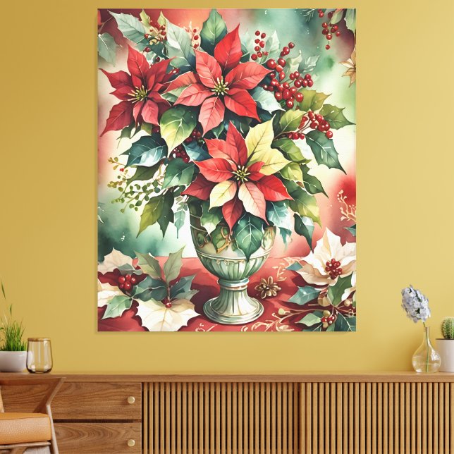 Classic Watercolor Red Poinsettia Bouquet Leinwanddruck (Insitu (Wohnzimmer))