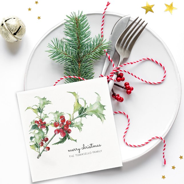 Classic Watercolor Weihnachten Holly Berries Name Serviette (Classic Watercolor Christmas Holly Berries Name Napkins)