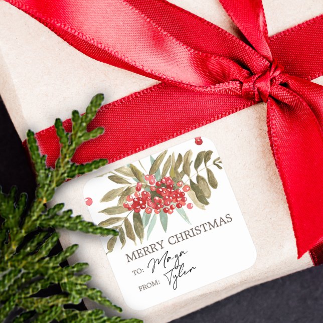 Classic Watercolor Weihnachtsberries Quadratischer Aufkleber (Classic Watercolor Christmas Berries Square Sticker)