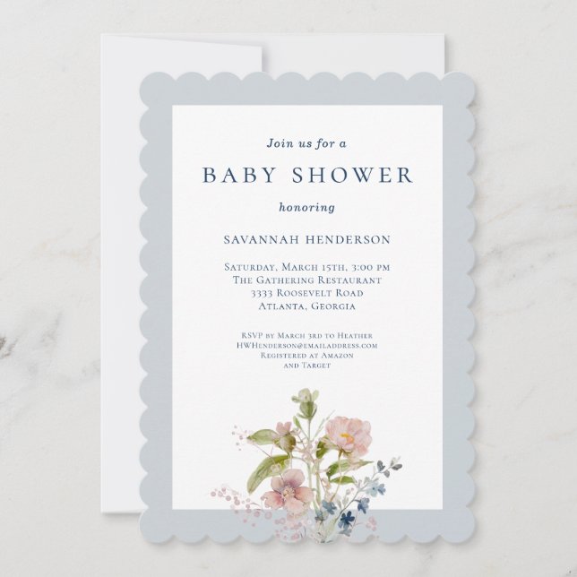 Classic Watercolor Wildblume Blue Baby Dusche Einladung (Vorderseite)