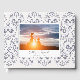 Classic Wedding Elegant Damask Muster Navy Blue Gästebuch
