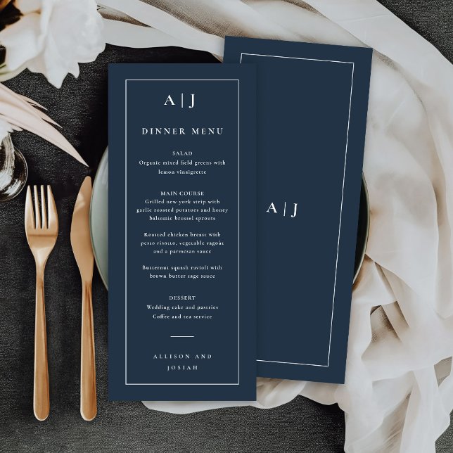 Classic wedding monogram dinner menükarte (Classic navy blue wedding monogram dinner or bar menu.)