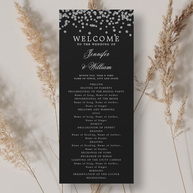 Classic Wedding Program Confetti Silver Black Einladung (Classic Wedding Program Confetti Silver Black)