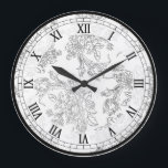 Classic White and Black Floral Toile Große Wanduhr<br><div class="desc">Classic floral toile design featuring delicate black outlines of roses and tulips on a transparent background. (White used in sample). Coordinating Roman numerals, black outer border and white opaque band.</div>