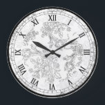 Classic White and Black Floral Toile Große Wanduhr<br><div class="desc">Classic floral toile design featuring delicate black outlines of roses and tulips on a transparent background. (White used in sample). Coordinating Roman numerals, black outer border and white opaque band.</div>