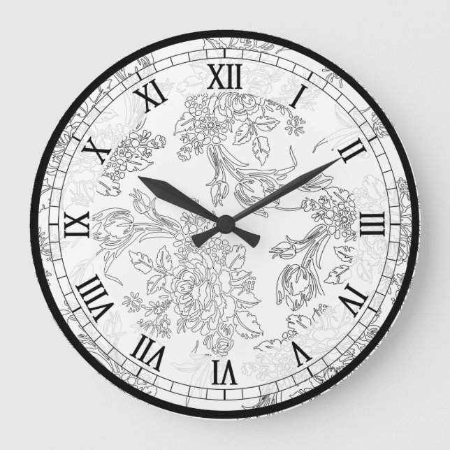 Classic White and Black Floral Toile Große Wanduhr (Vorderseite)