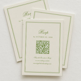 Classic White and Sage Green Wedding RSVP Qr Code Begleitkarte