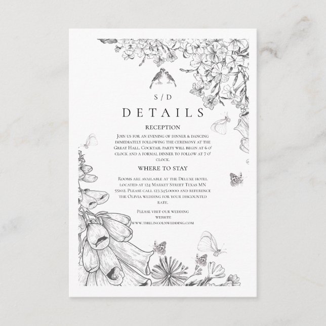 Classic White Black Floral Wedding  Begleitkarte (Vorderseite)