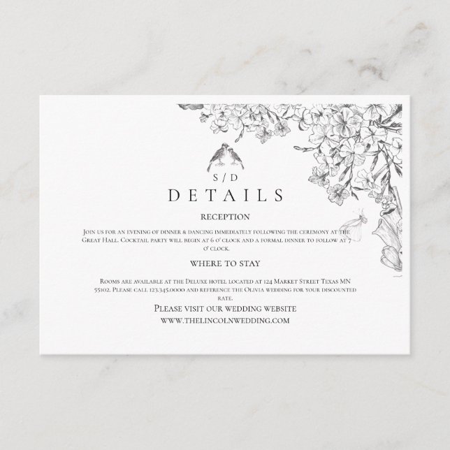 Classic White Black Floral Wedding  Begleitkarte (Vorderseite)
