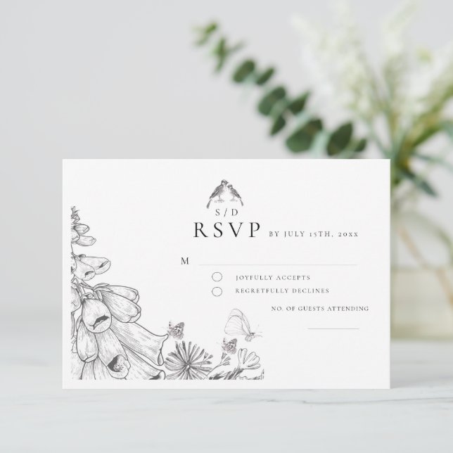 Classic White Black Floral Wedding  RSVP Card (Stehend Vorderseite)