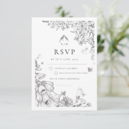 Classic White Black Floral Wedding  RSVP Karte