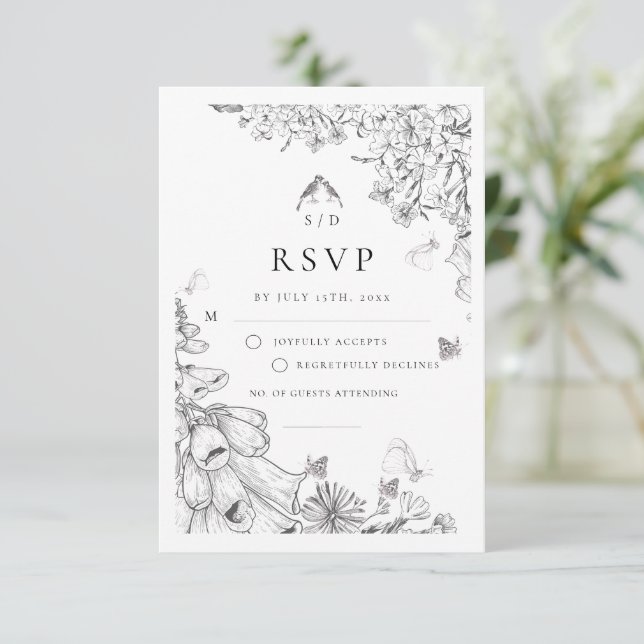 Classic White Black Floral Wedding  RSVP Karte (Stehend Vorderseite)