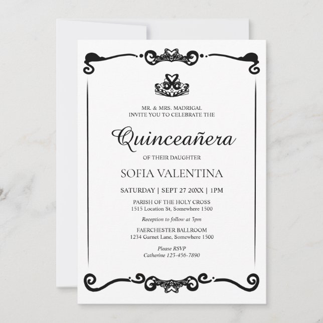 Classic White Black Tiara Quinceanera Einladung (Vorderseite)