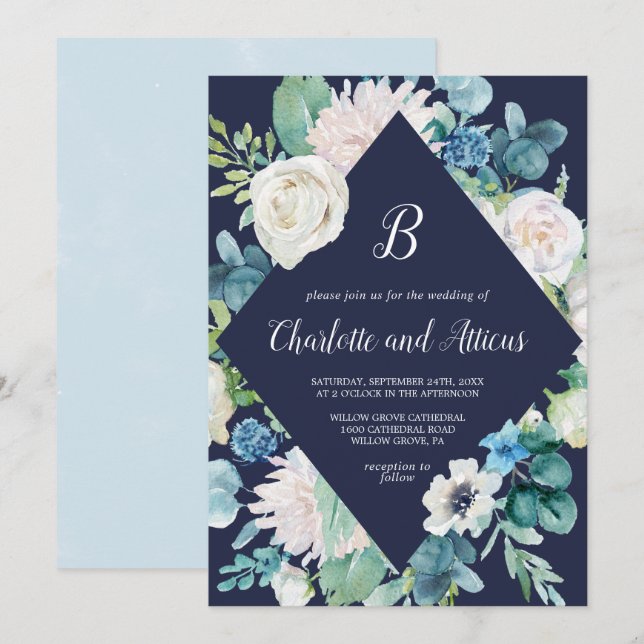 Classic White Blume Navy Diamond Wedding Einladung (Vorne/Hinten)