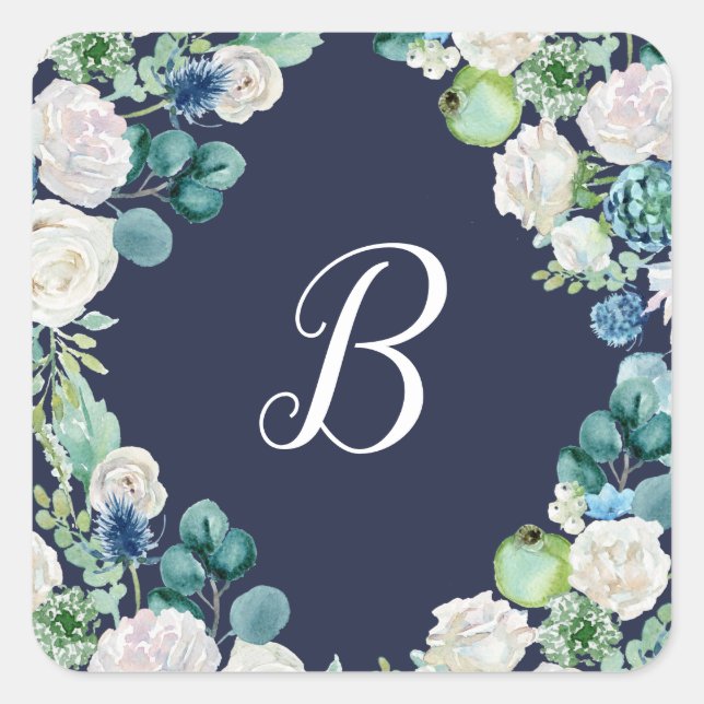 Classic White Blume Navy Monogram Umschlag Aufkleb Quadratischer Aufkleber (Vorderseite)