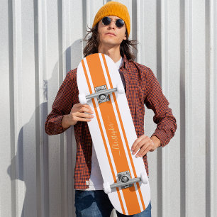 Classic White Orange Racing Stripes Gold Monogramm Skateboard