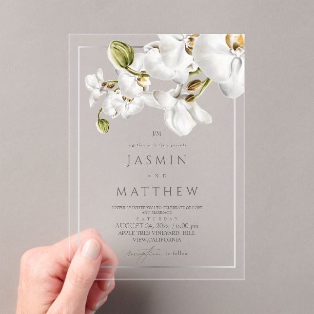 Classic White Orchids Frame Elegant Wedding Acryleinladungen (Insitu (Handheld))