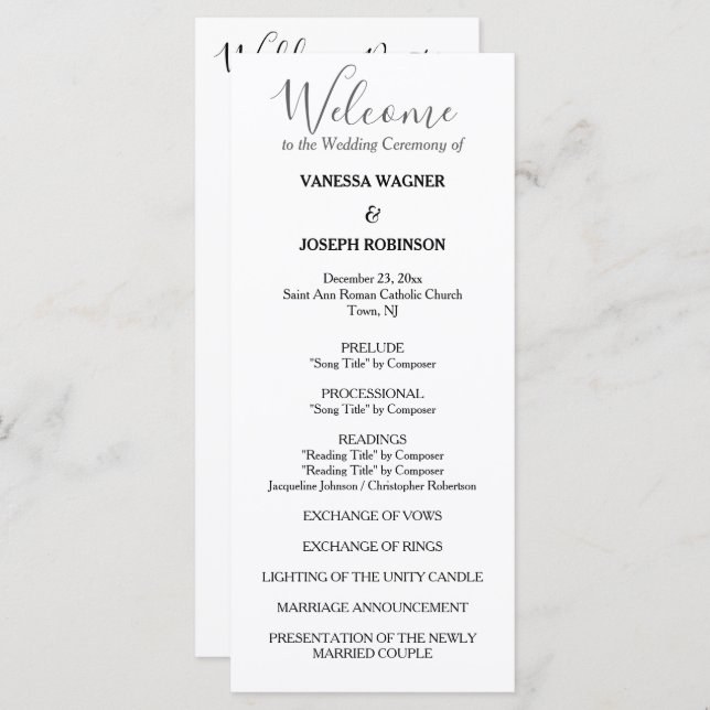 Classic White Wedding Program Names Programm (Vorne/Hinten)