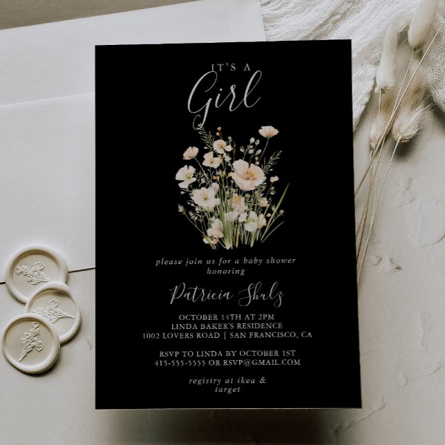 Classic Wildblume Black It's a Girl Baby Shower Einladung (Von Creator hochgeladen)