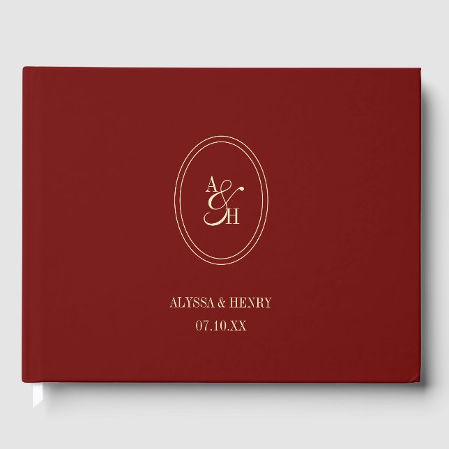 Classic Wine Red Monogram Custom Wedding Gästebuch (Vorderseite)