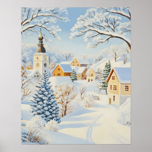 Classic Winter Village mit Snowy Church and Trees Poster