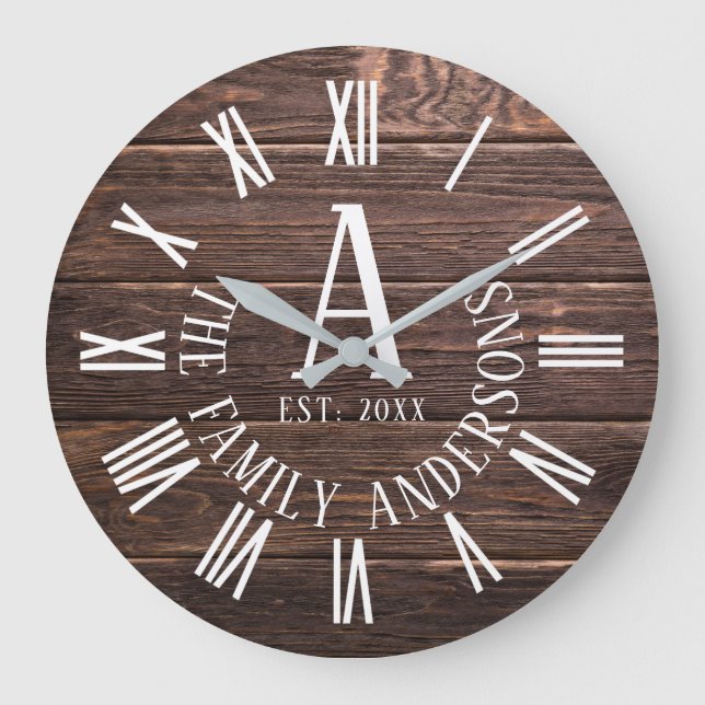 Classic wood family name large clock große wanduhr (Vorderseite)