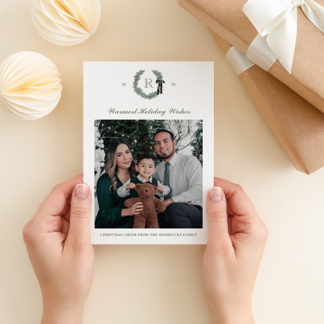 Classic Wreath Monogram Single Foto Holiday Card Einladung (Von Creator hochgeladen)