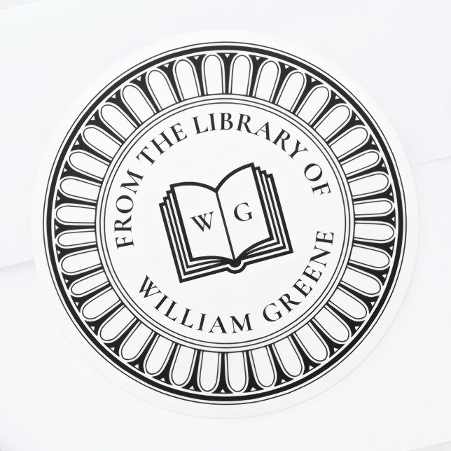 Classical Open Book Monogram Ex Libris Bookplate Runder Aufkleber (Von Creator hochgeladen)