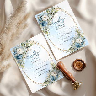 Classique Bleu Poussiéreux Cadre Doré Mariage RSVP