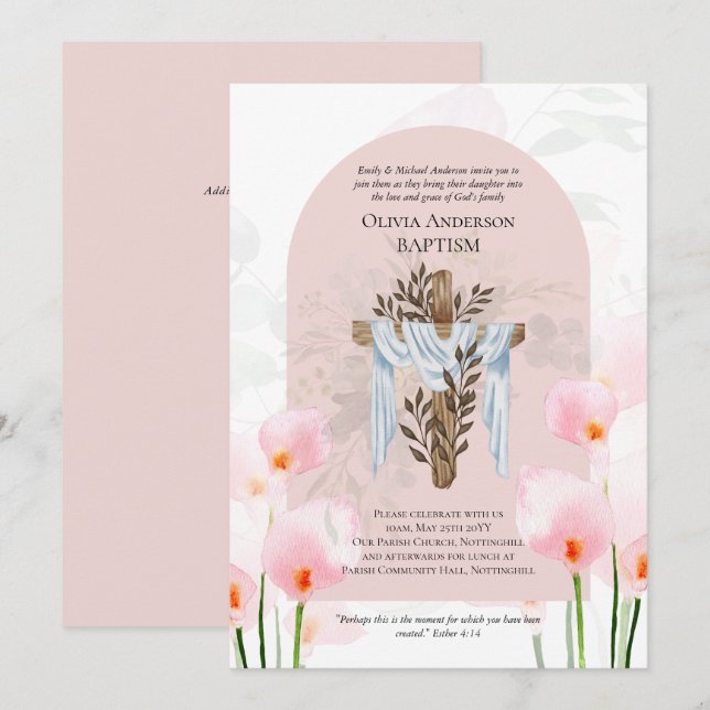 Classique Élégant BAPTISME Invitation rose Calla L (Devant / Derrière)