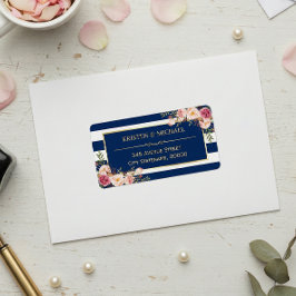 Classrosa Floral Gold Navy Blue Stripes Adressaufkleber
