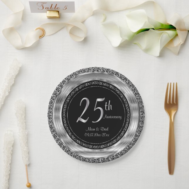Classy 25. Silver und Black Wedding Jubiläum Pappteller (Hochzeit)