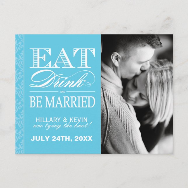Classy Aqua Blue Damask Save the Date Ankündigungspostkarte (Vorderseite)