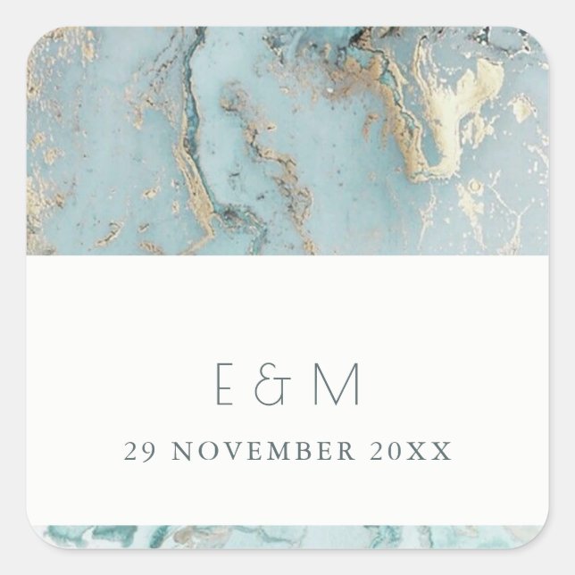 CLASSY AQUA DUSKY BLAUE GOLD AGATE MONOGRAM WEDD QUADRATISCHER AUFKLEBER (Vorderseite)
