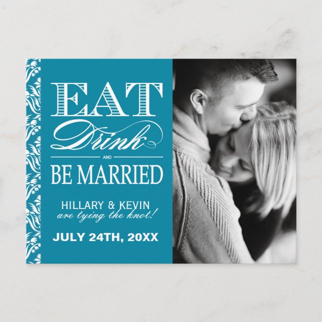 Classy Aquamarin Damask Save the Date Ankündigungspostkarte (Vorderseite)