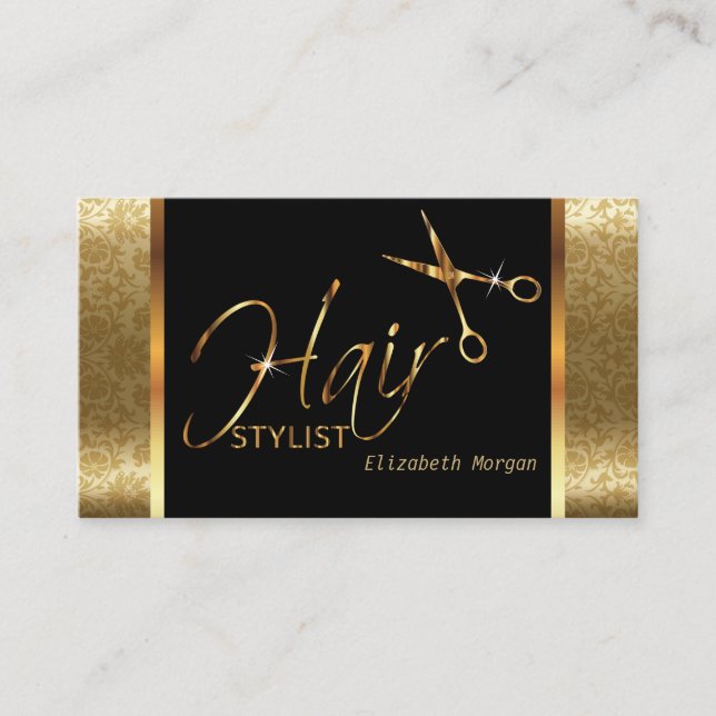 Classy Black and Gold Damask Haar Stylist Visitenkarte (Vorderseite)