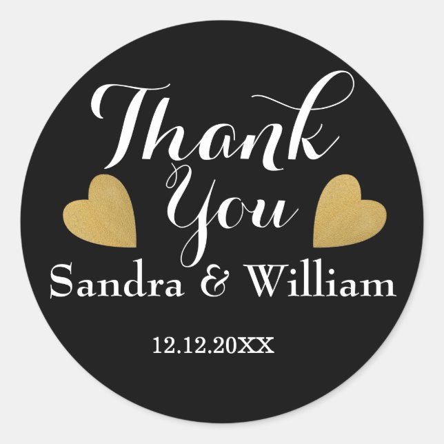Classy Black and Gold Hearts Hochzeit Vielen Dank Runder Aufkleber (Vorderseite)